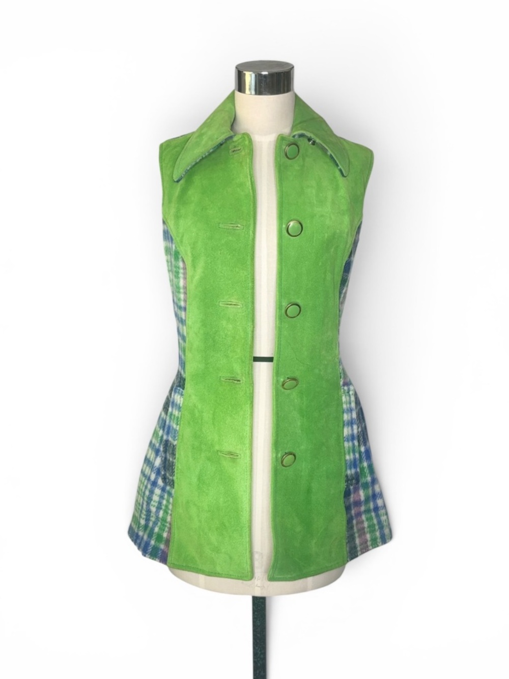 Vintage Pioneer Wear Plaid Wool & Green Suede Cape Vest Set | 1970s Southwestern - Picture 5 of 15